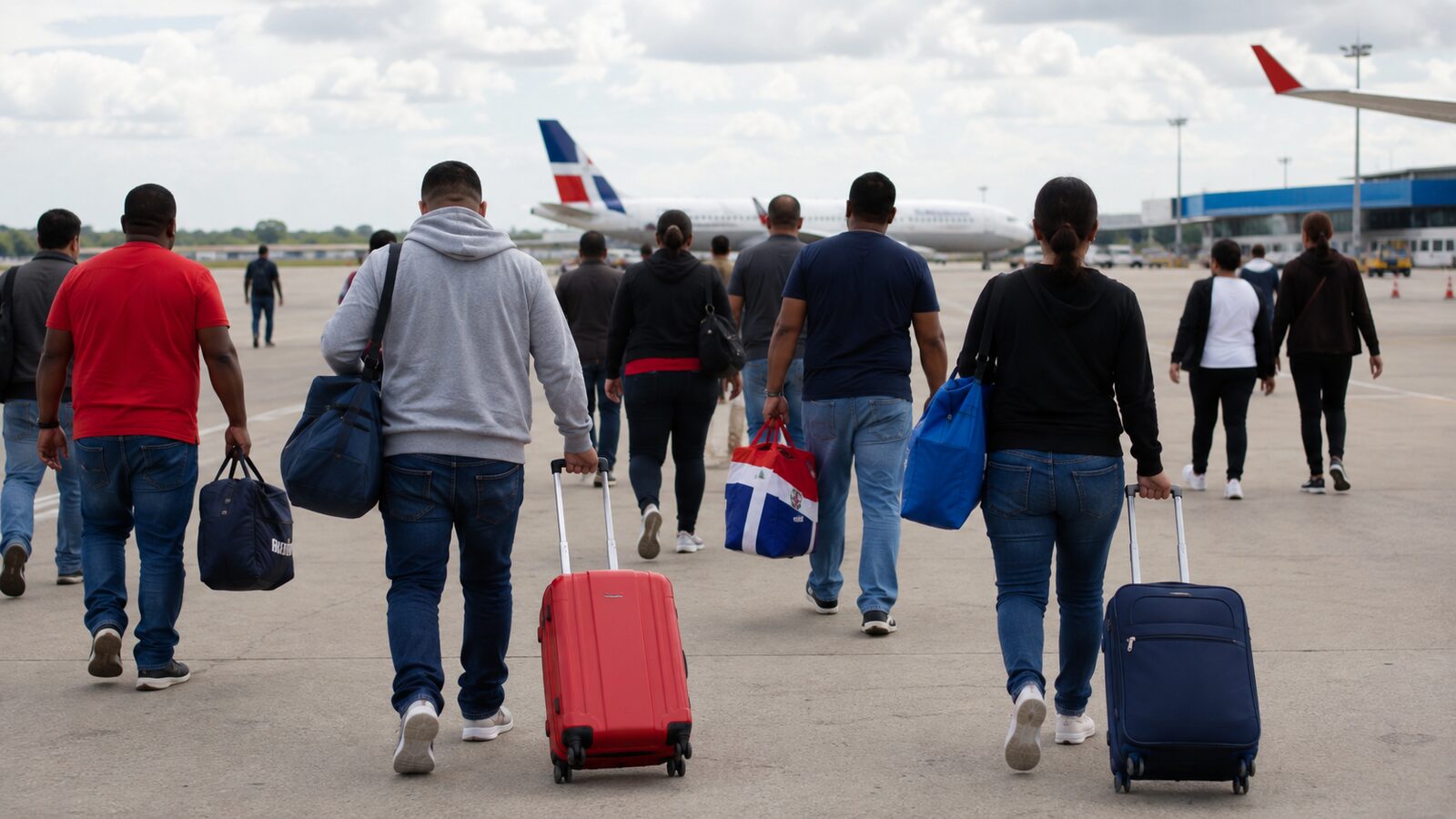 Viajeros dominicanos en un aeropuerto durante un proceso de repatriación
