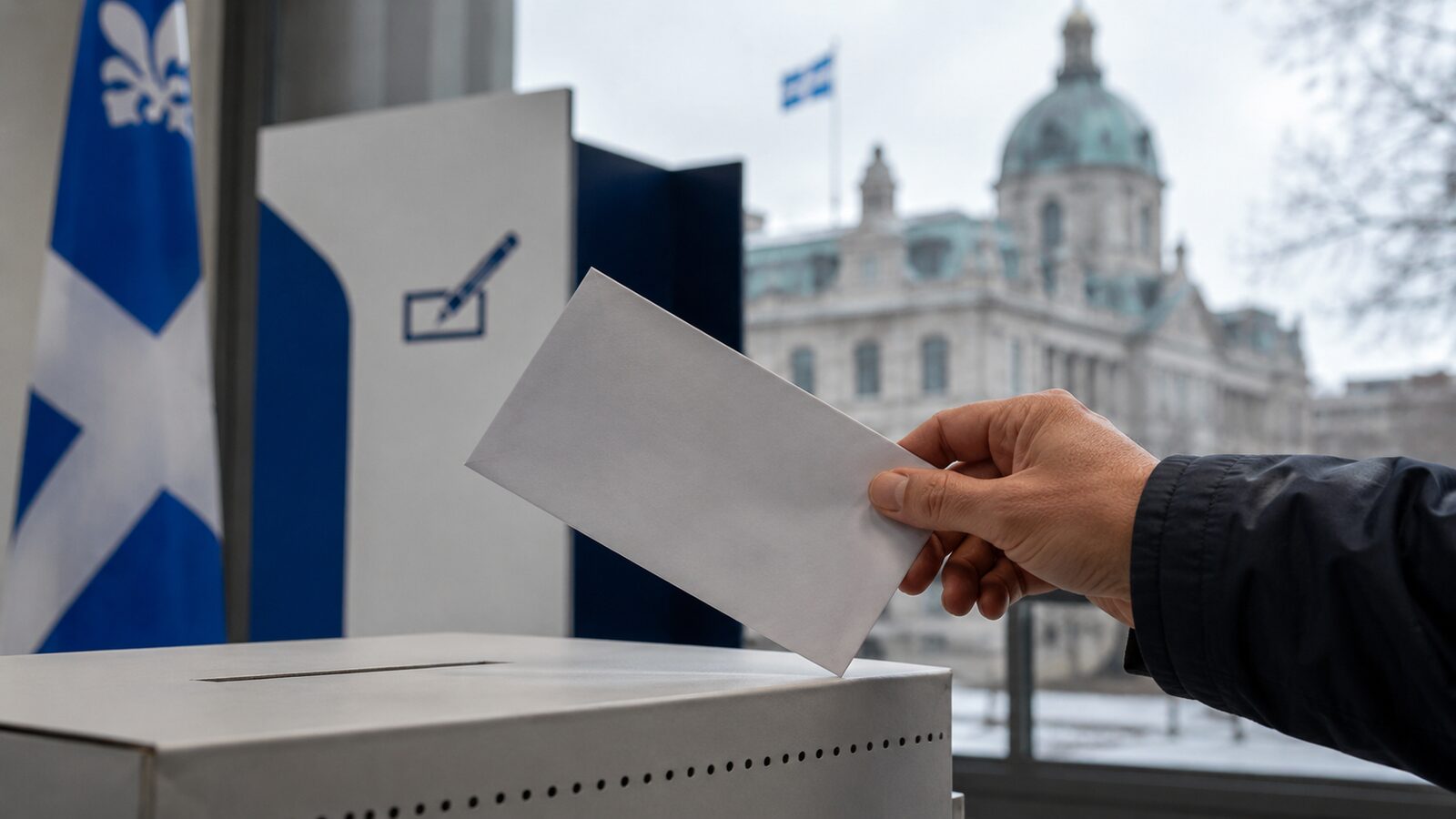 Votante depositando un sobre en una urna electoral de Quebec